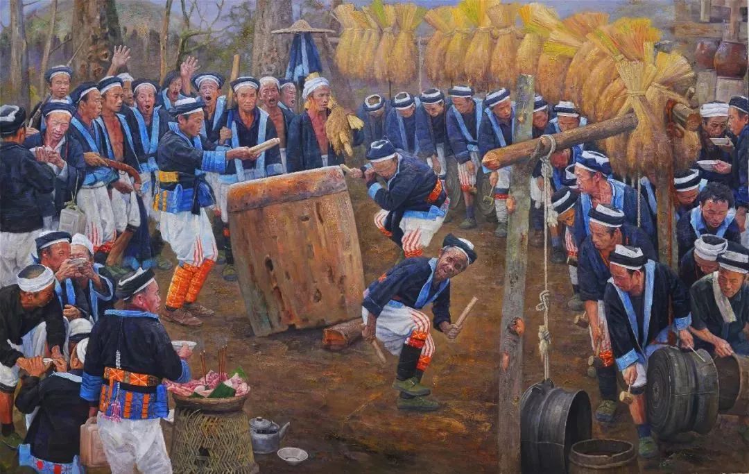 《瑶族猴鼓舞》油画